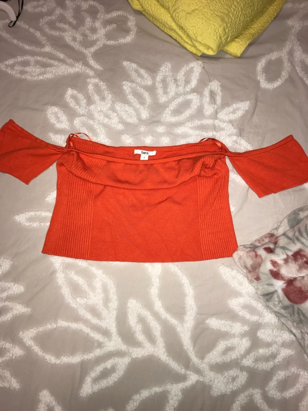 Bar III Bright Orange Off-the-Shoulder Ribbed Crop Top